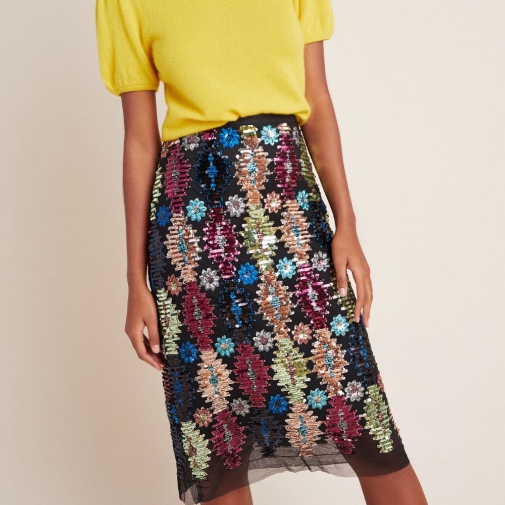 Anthropologie Black Multicolor Sequin Midi Skirt - Picture 2 of 9